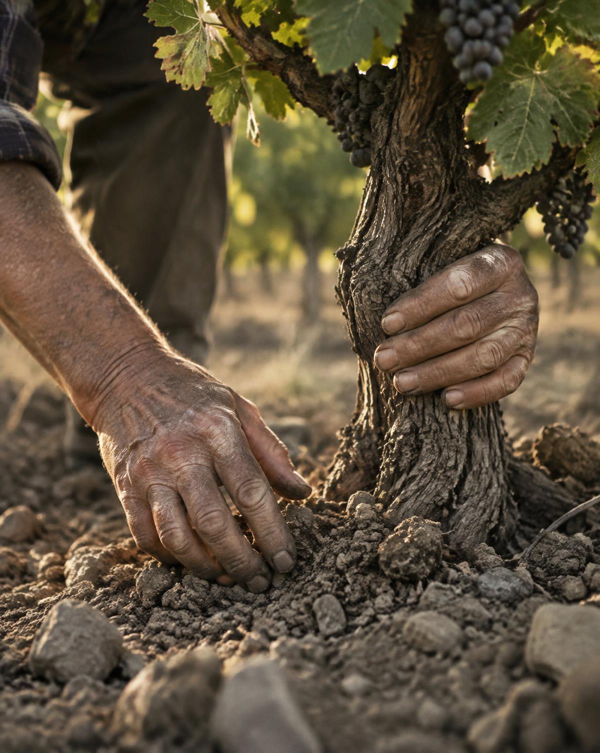 Hands resting against a vine trunk and the soil around it