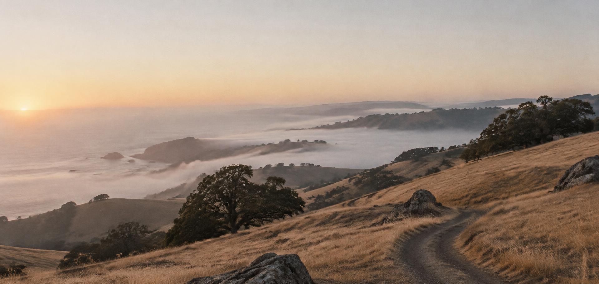 California coastal hills at dawn with fog settling in the valleys