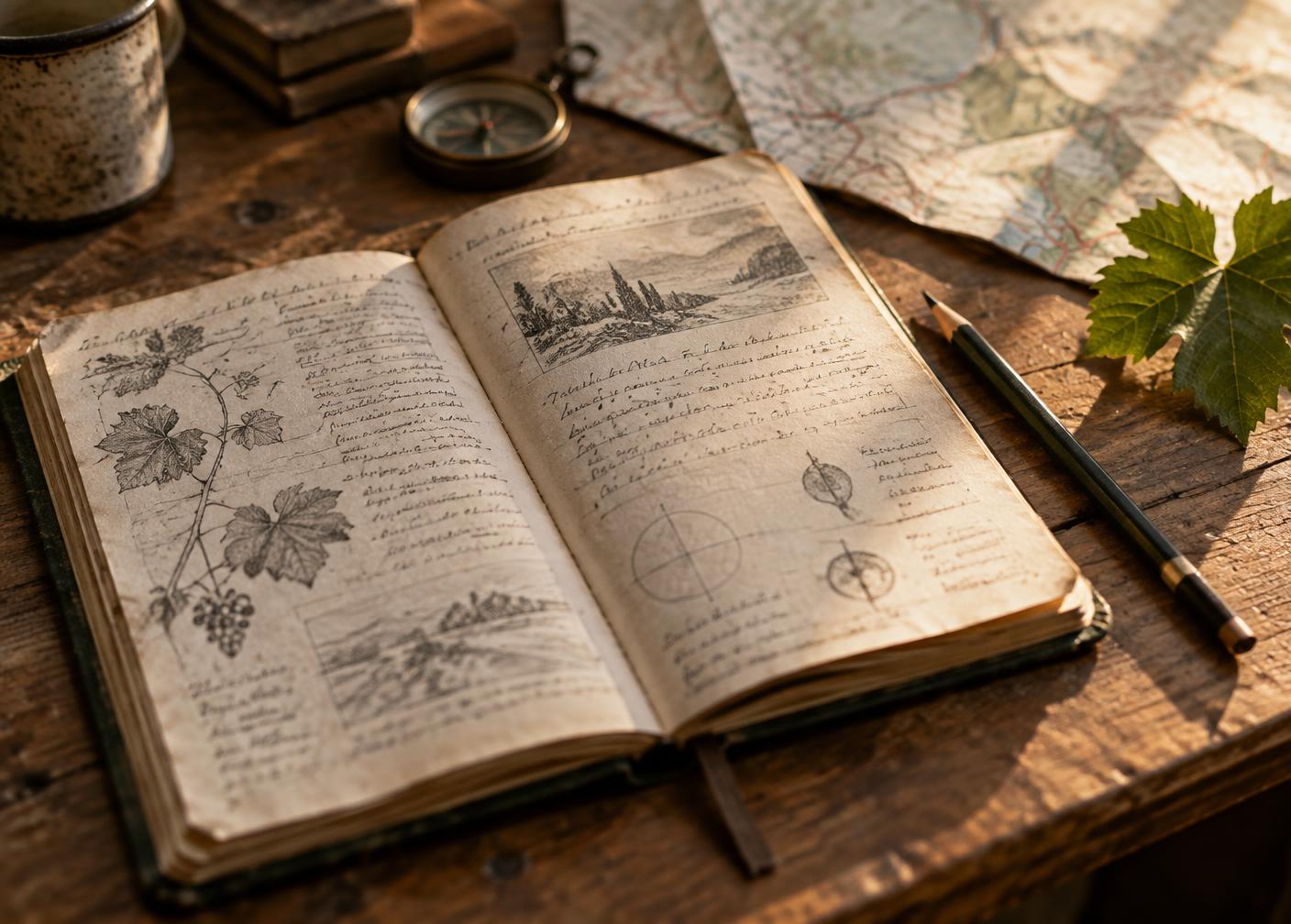 An open field notebook with handwritten notes and sketches on a wooden worktable