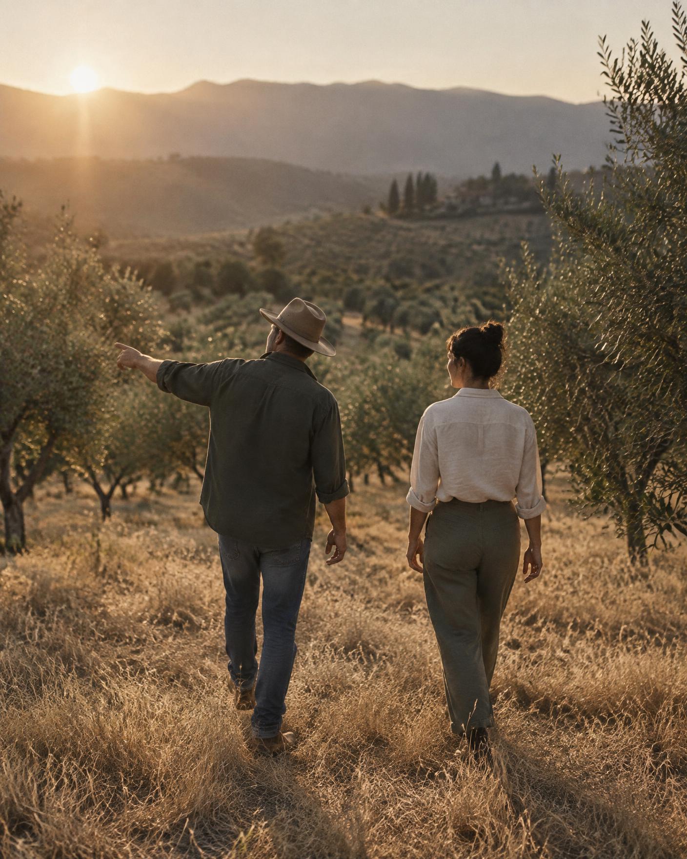 Two people walking through an olive grove in late afternoon light