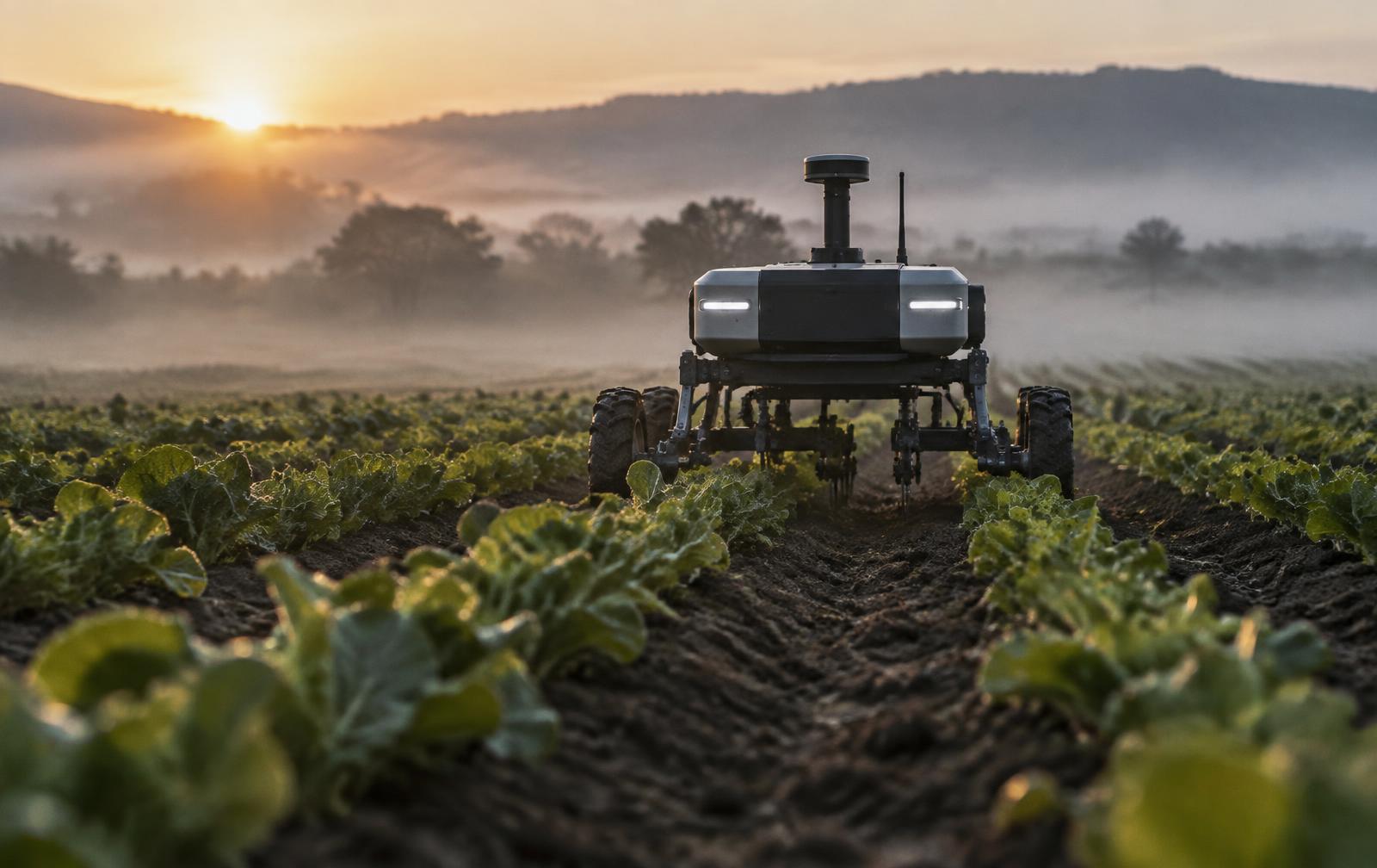 An autonomous field robot moving between crop rows at sunrise