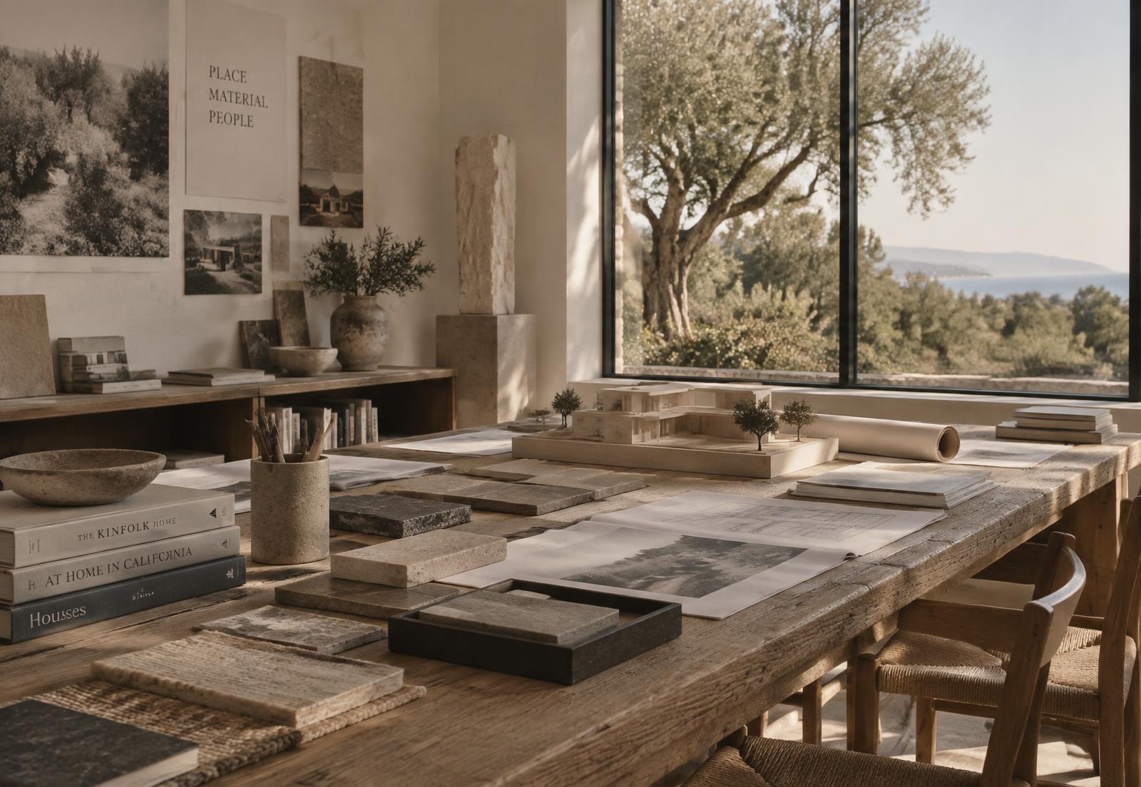 A quiet studio worktable with material samples, drawings and a scale model